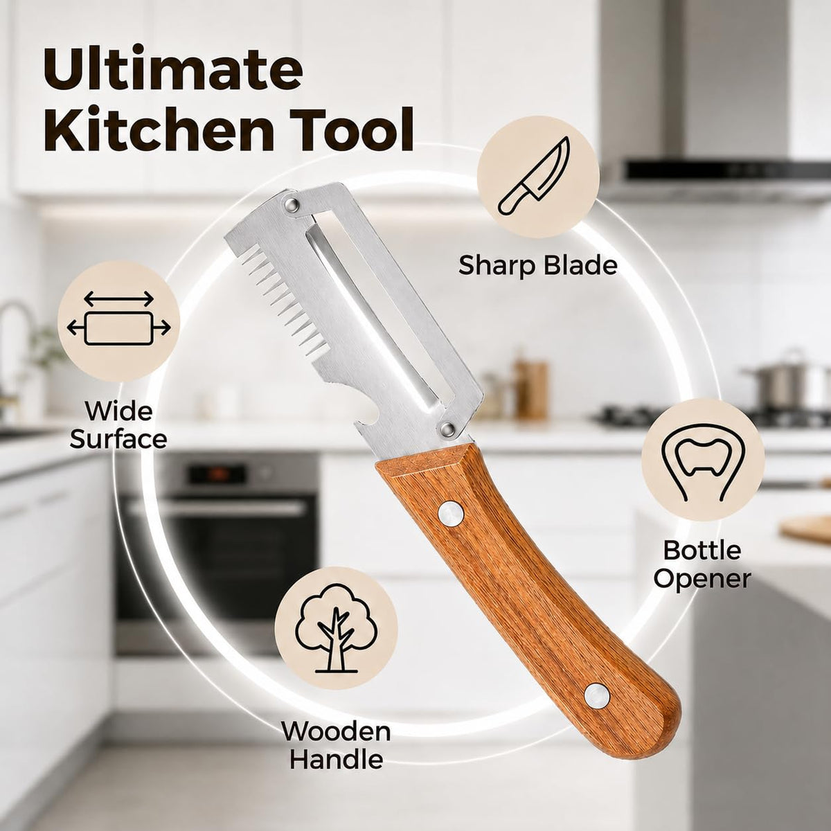 3-in-1 Multifunctional Vegetable Peeler with Wooden Grip | Integrated Grater & Bottle Opener Kitchen Tool for Fruits & Vegetables