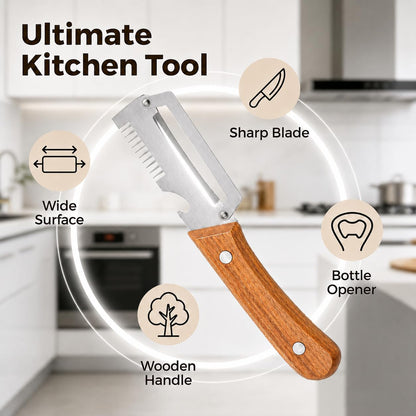 3-in-1 Multifunctional Vegetable Peeler with Wooden Grip | Integrated Grater & Bottle Opener Kitchen Tool for Fruits & Vegetables