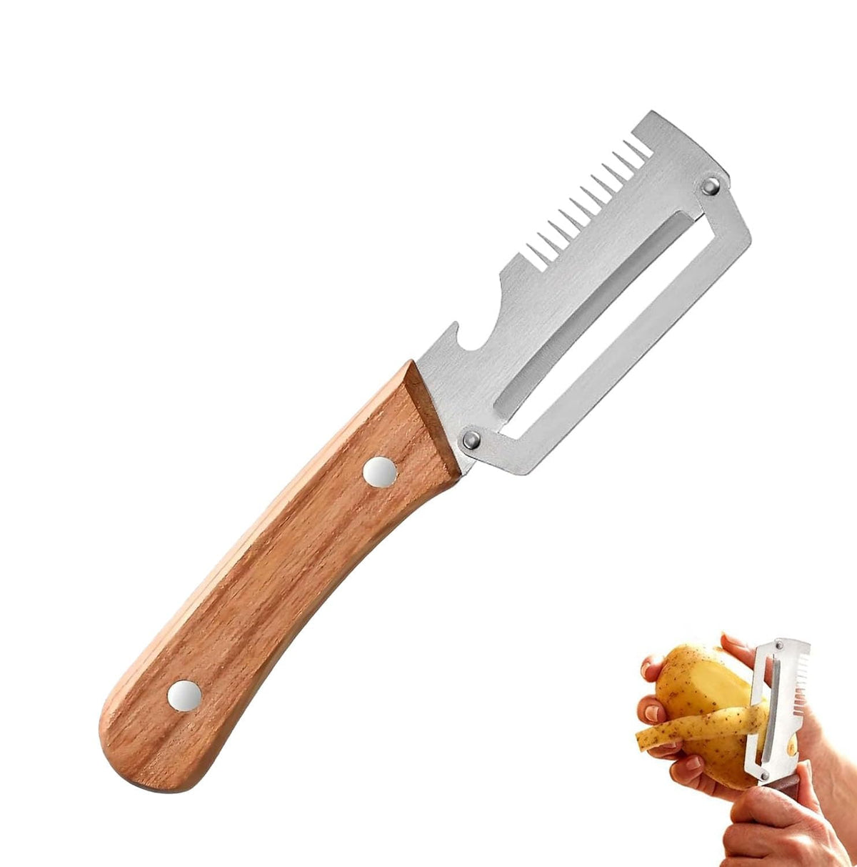 3-in-1 Multifunctional Vegetable Peeler with Wooden Grip | Integrated Grater & Bottle Opener Kitchen Tool for Fruits & Vegetables
