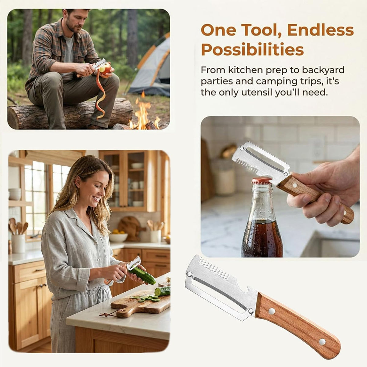 3-in-1 Multifunctional Vegetable Peeler with Wooden Grip | Integrated Grater & Bottle Opener Kitchen Tool for Fruits & Vegetables