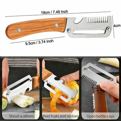 3-in-1 Multifunctional Vegetable Peeler with Wooden Grip | Integrated Grater & Bottle Opener Kitchen Tool for Fruits & Vegetables