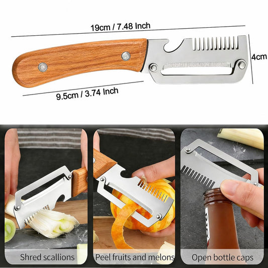 3-in-1 Multifunctional Vegetable Peeler with Wooden Grip | Integrated Grater & Bottle Opener Kitchen Tool for Fruits & Vegetables